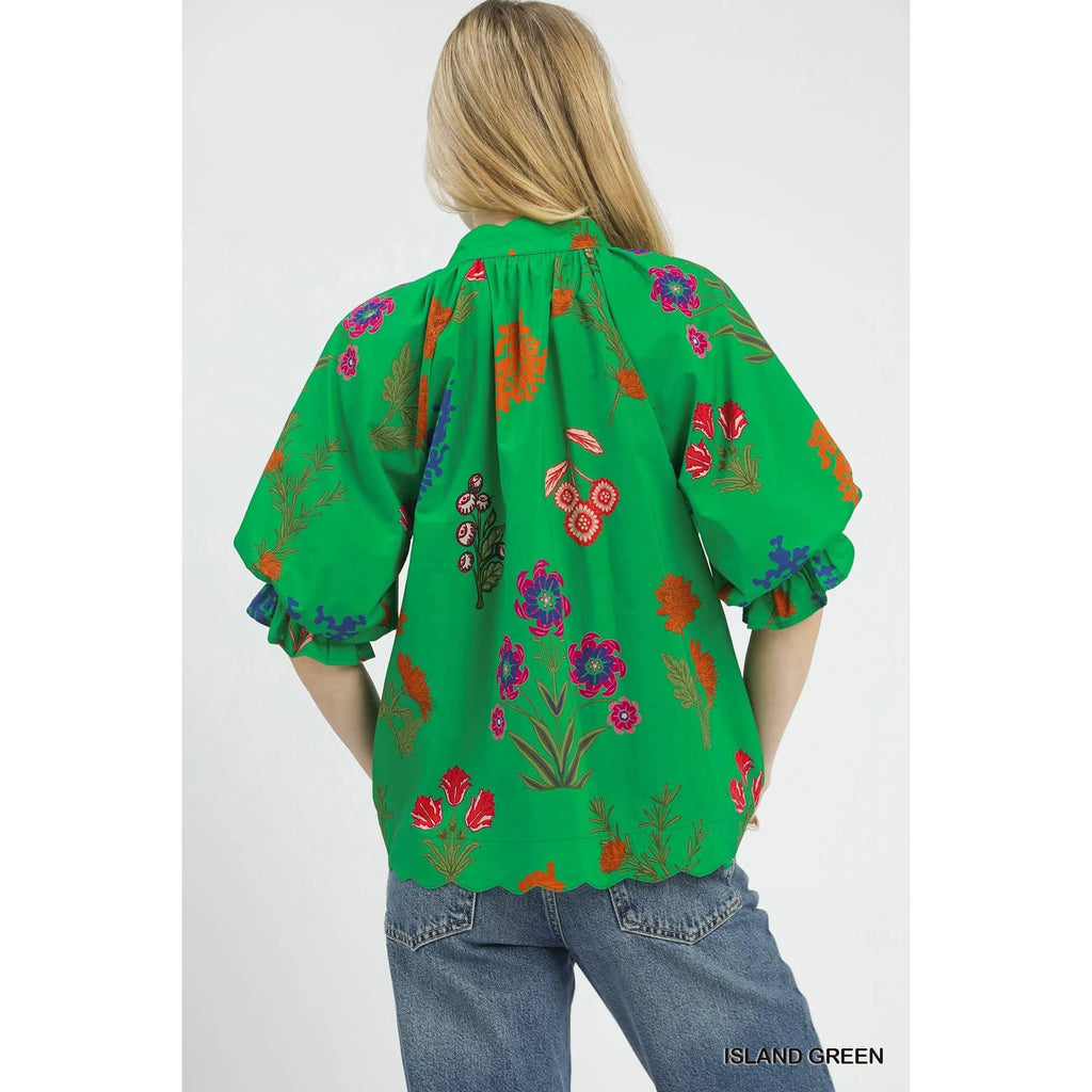 Floral Puff Half Sleeve Scallop Hem Top