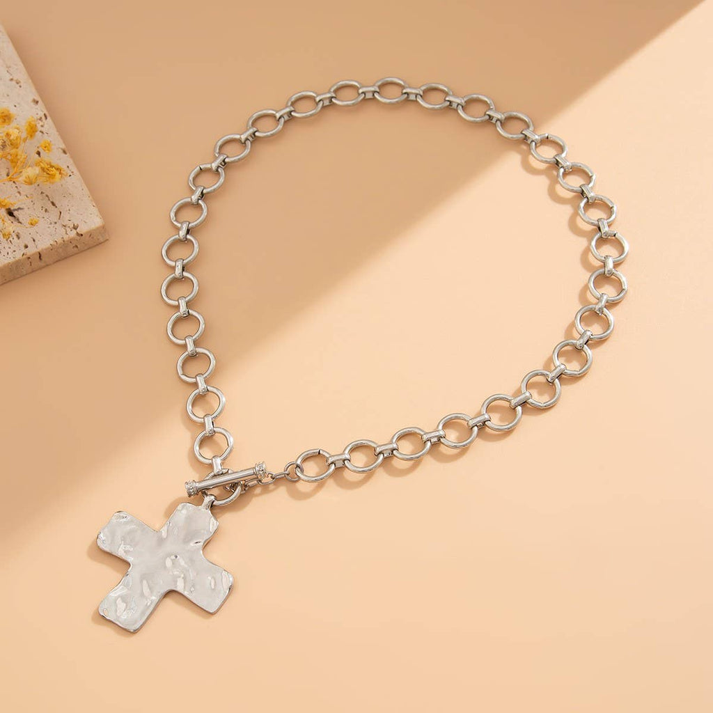 NOTABLE HAMMERED CROSS FRONT TOGGLE NECKLACE