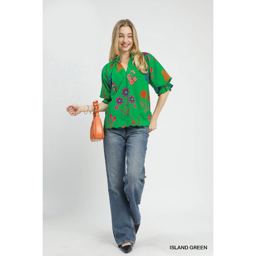 Floral Puff Half Sleeve Scallop Hem Top