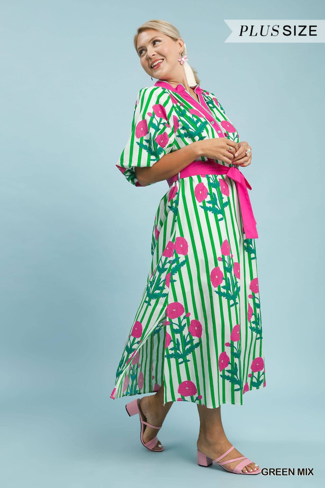 Plus Striped Floral Maxi Dress With Waist Tie