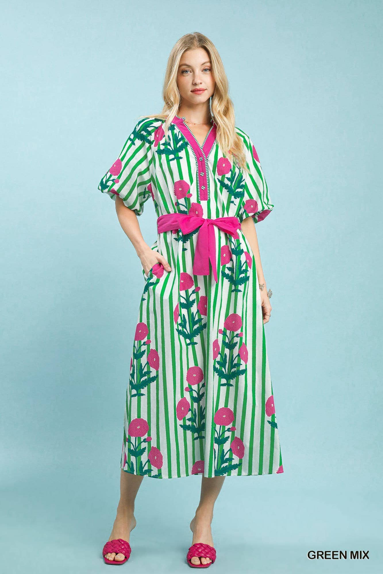 Striped Floral Maxi Dress With Waist Tie