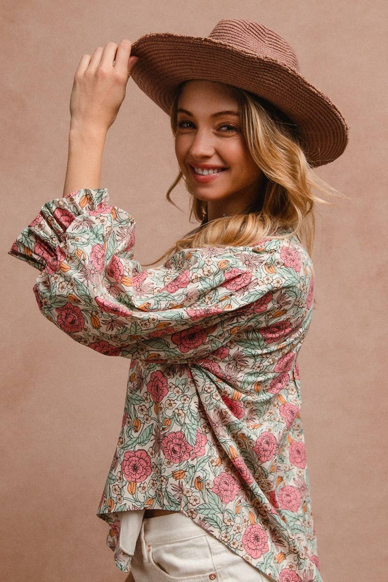 Floral Woven Printed Bubble Sleeve Blouse Top