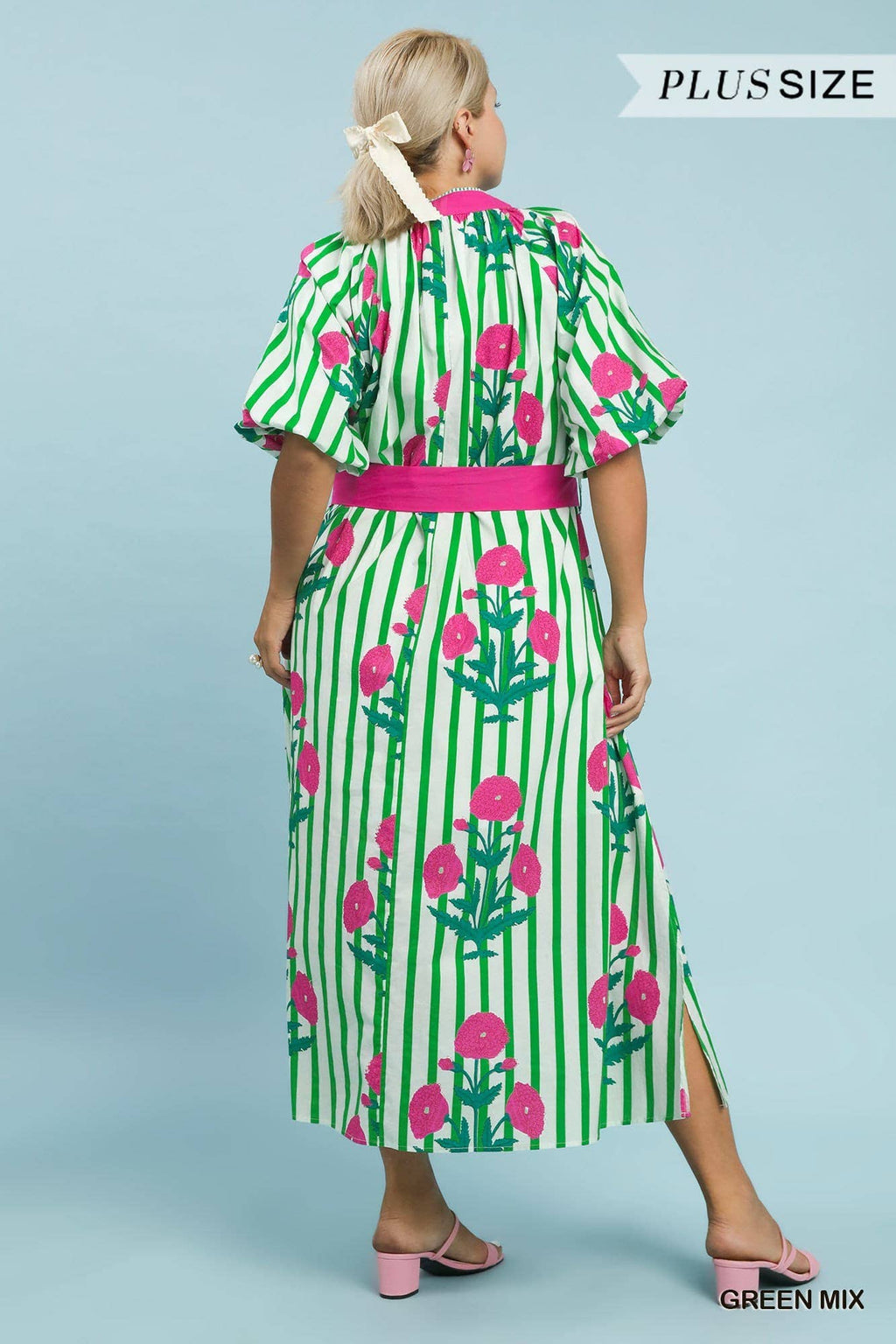Plus Striped Floral Maxi Dress With Waist Tie