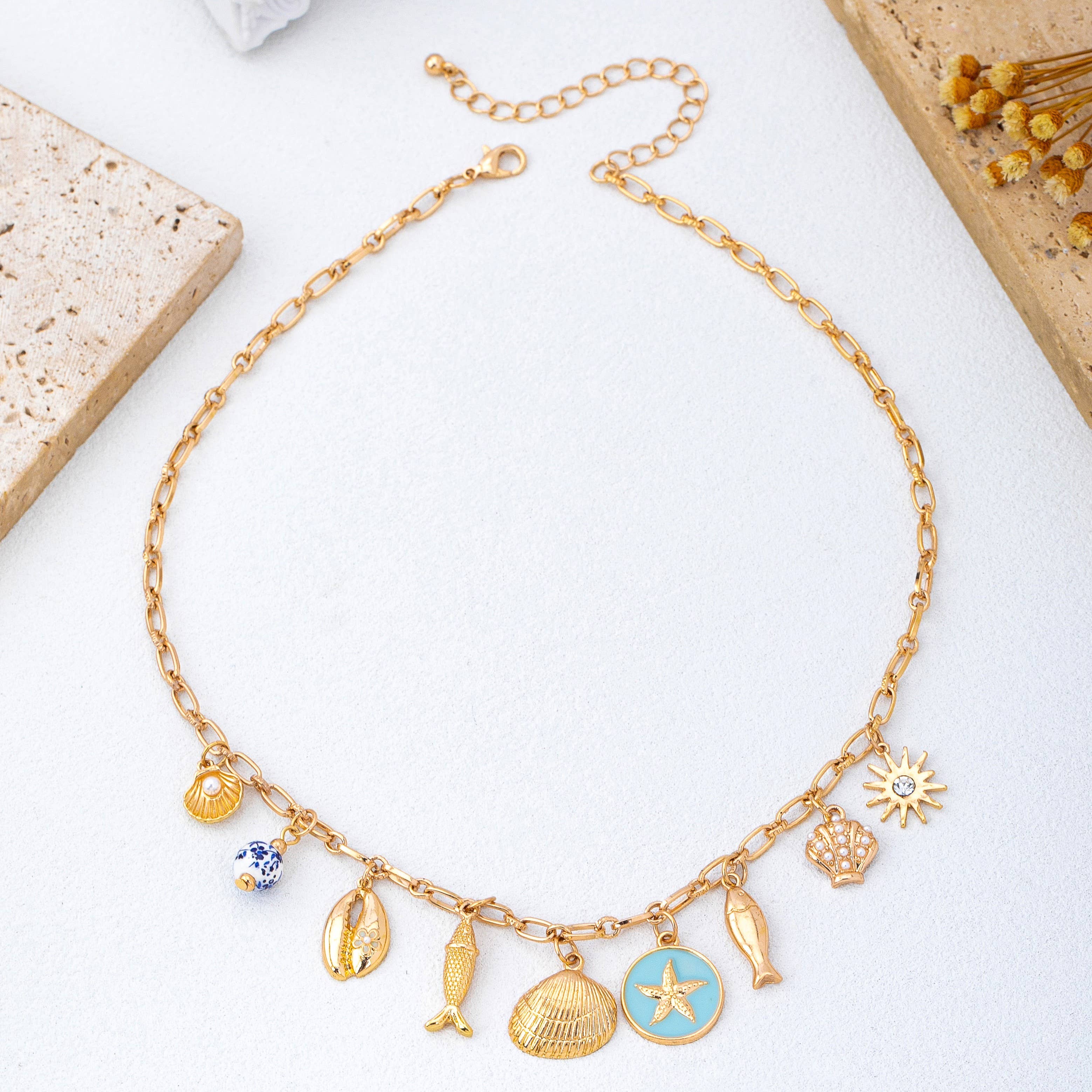 Charm Necklace-Coastal seashells fish cloisonne