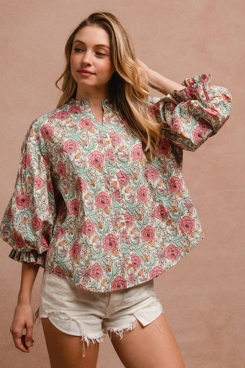 Floral Woven Printed Bubble Sleeve Blouse Top