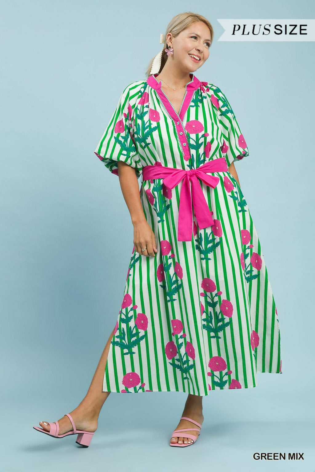 Plus Striped Floral Maxi Dress With Waist Tie
