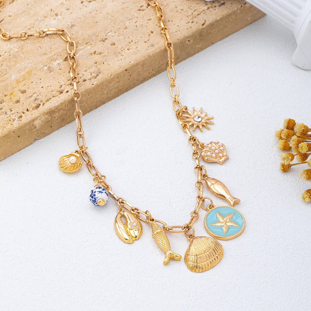 Charm Necklace-Coastal seashells fish cloisonne