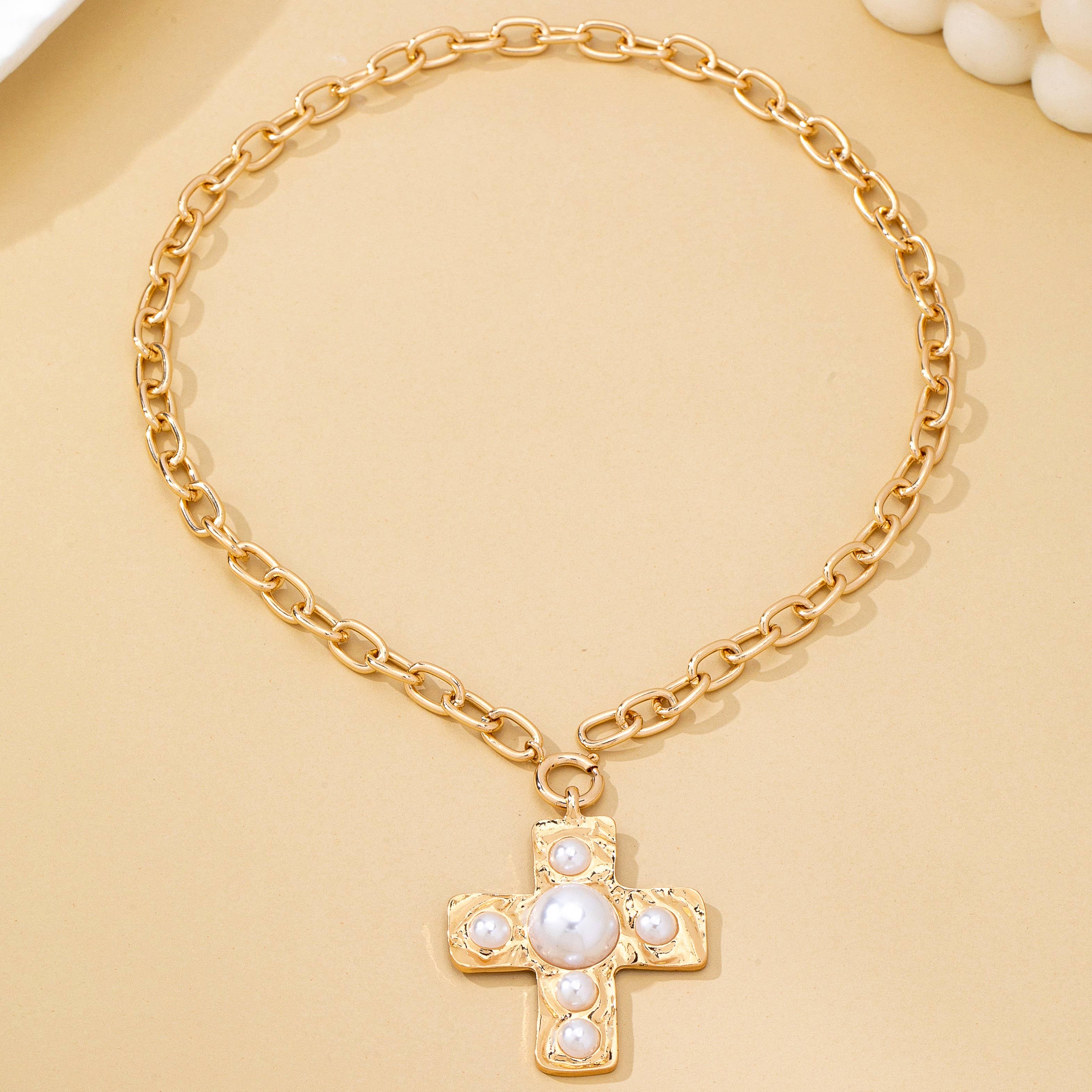 Hammered Cross Pearl Necklace