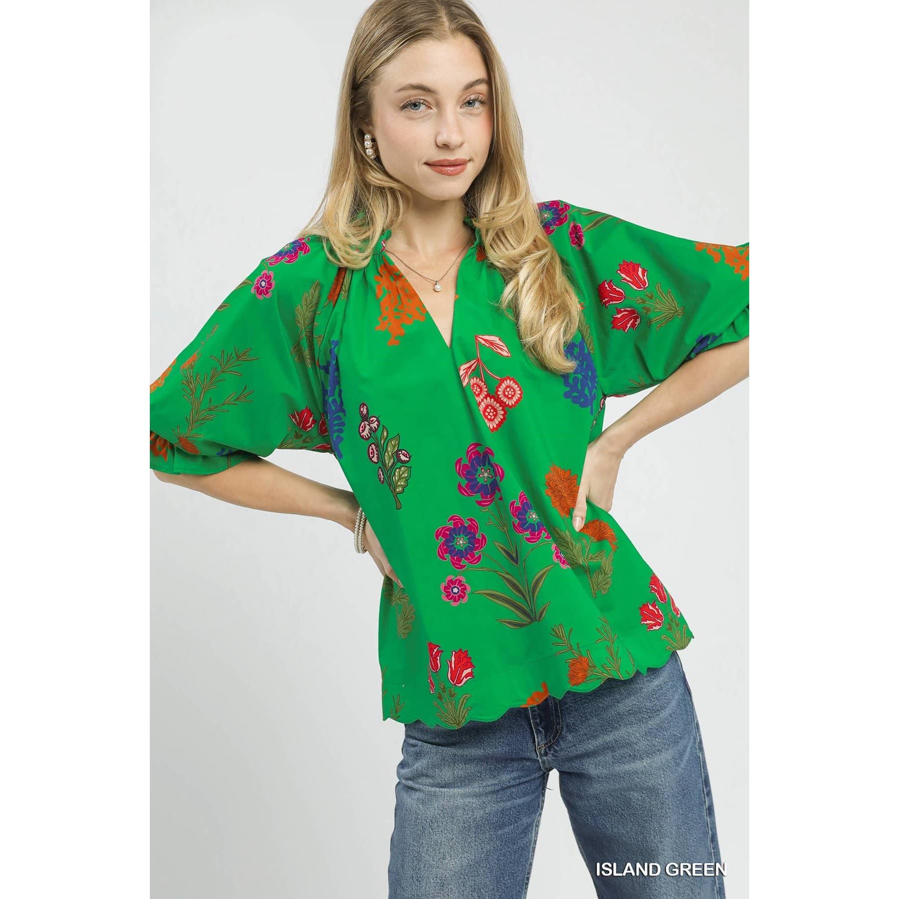 Floral Puff Half Sleeve Scallop Hem Top