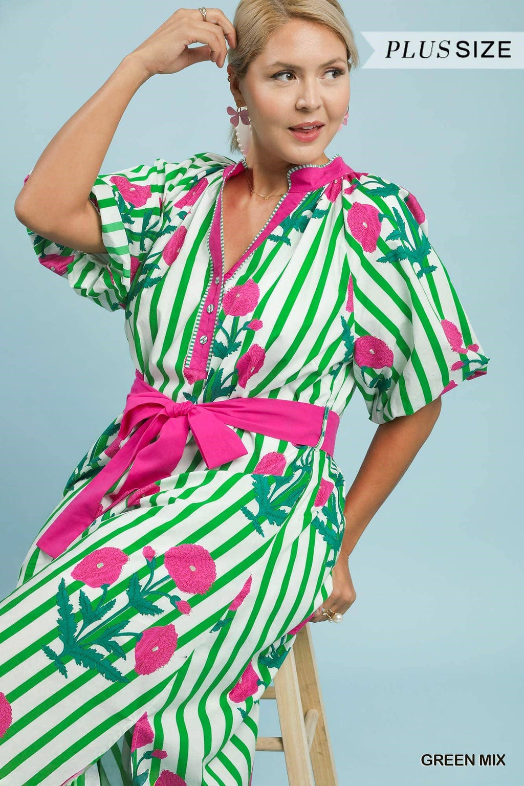Plus Striped Floral Maxi Dress With Waist Tie