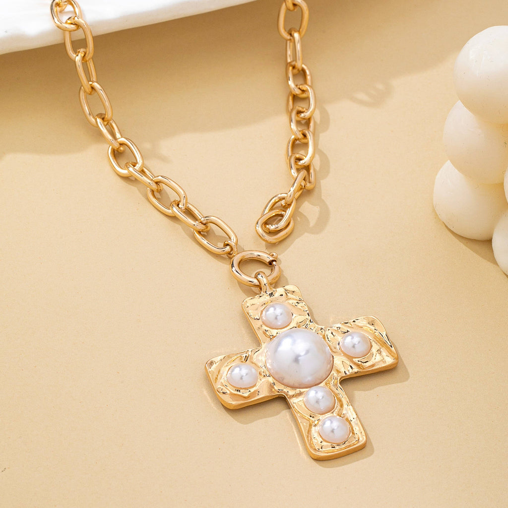 Hammered Cross Pearl Necklace