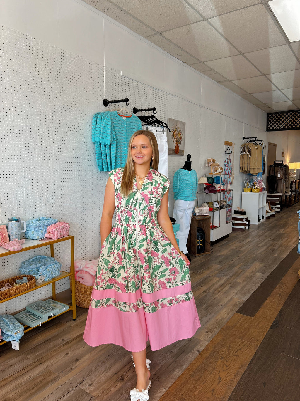 Smocked Waist Midi Zip Dress