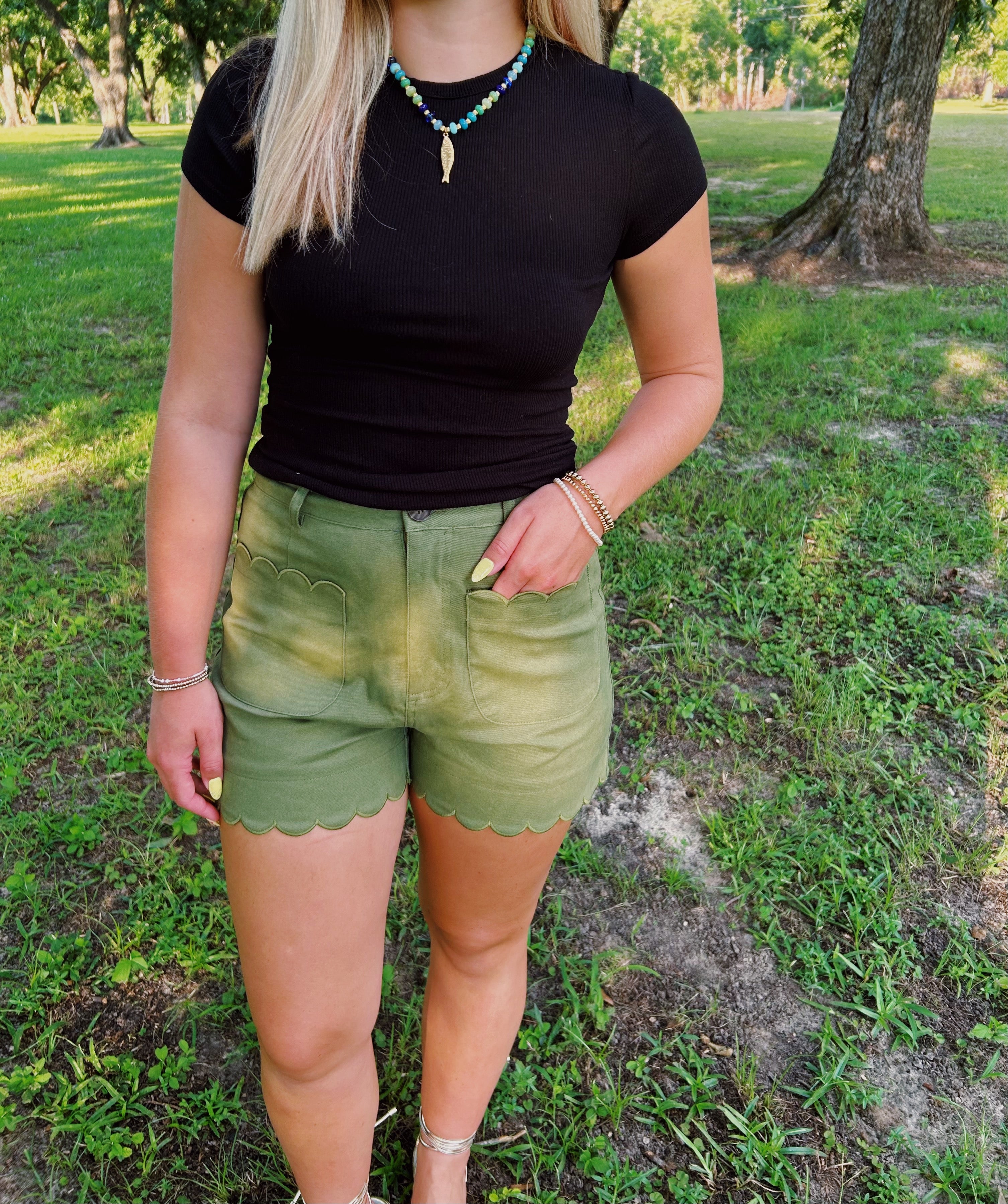 Olive Grove Scallop Shorts
