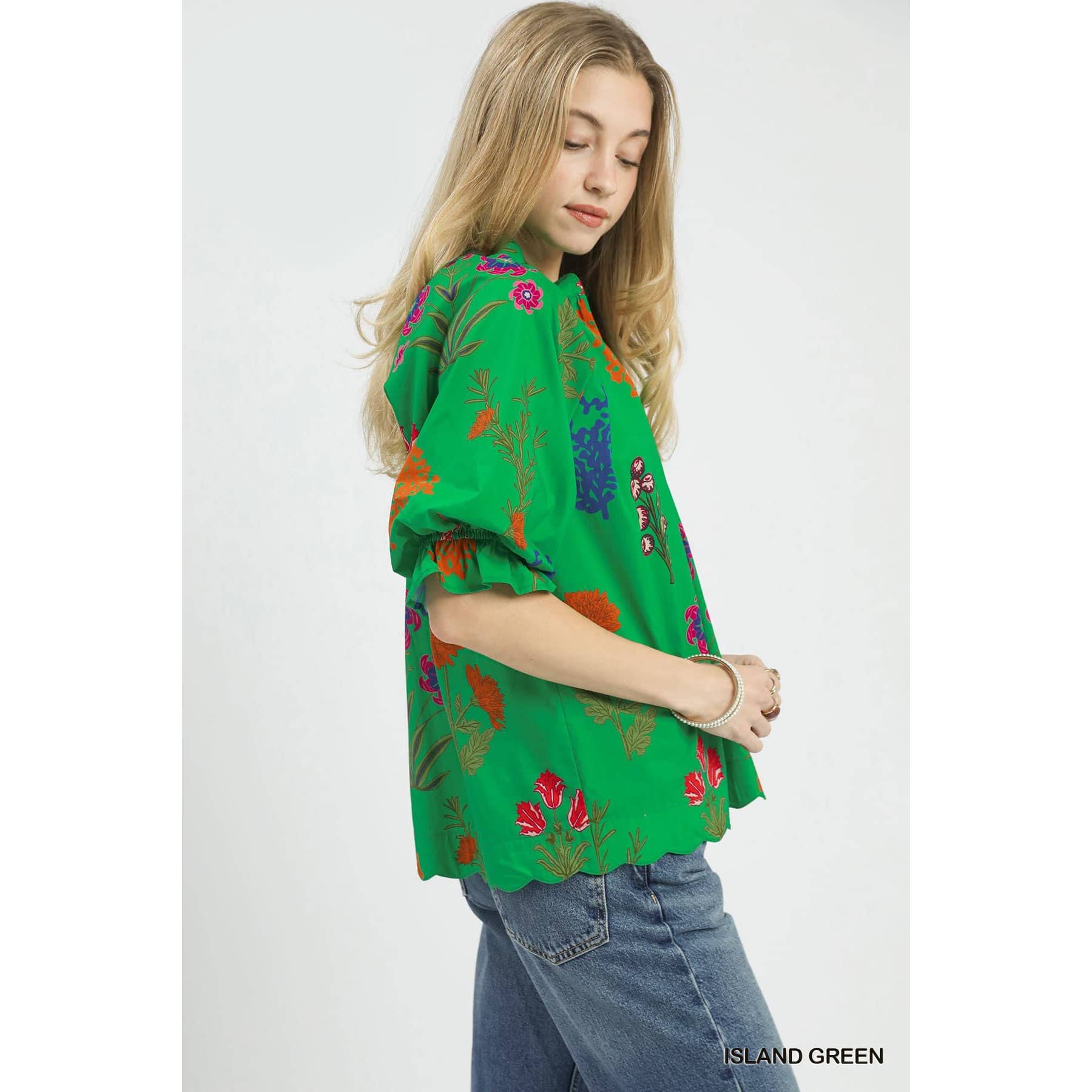 Floral Puff Half Sleeve Scallop Hem Top