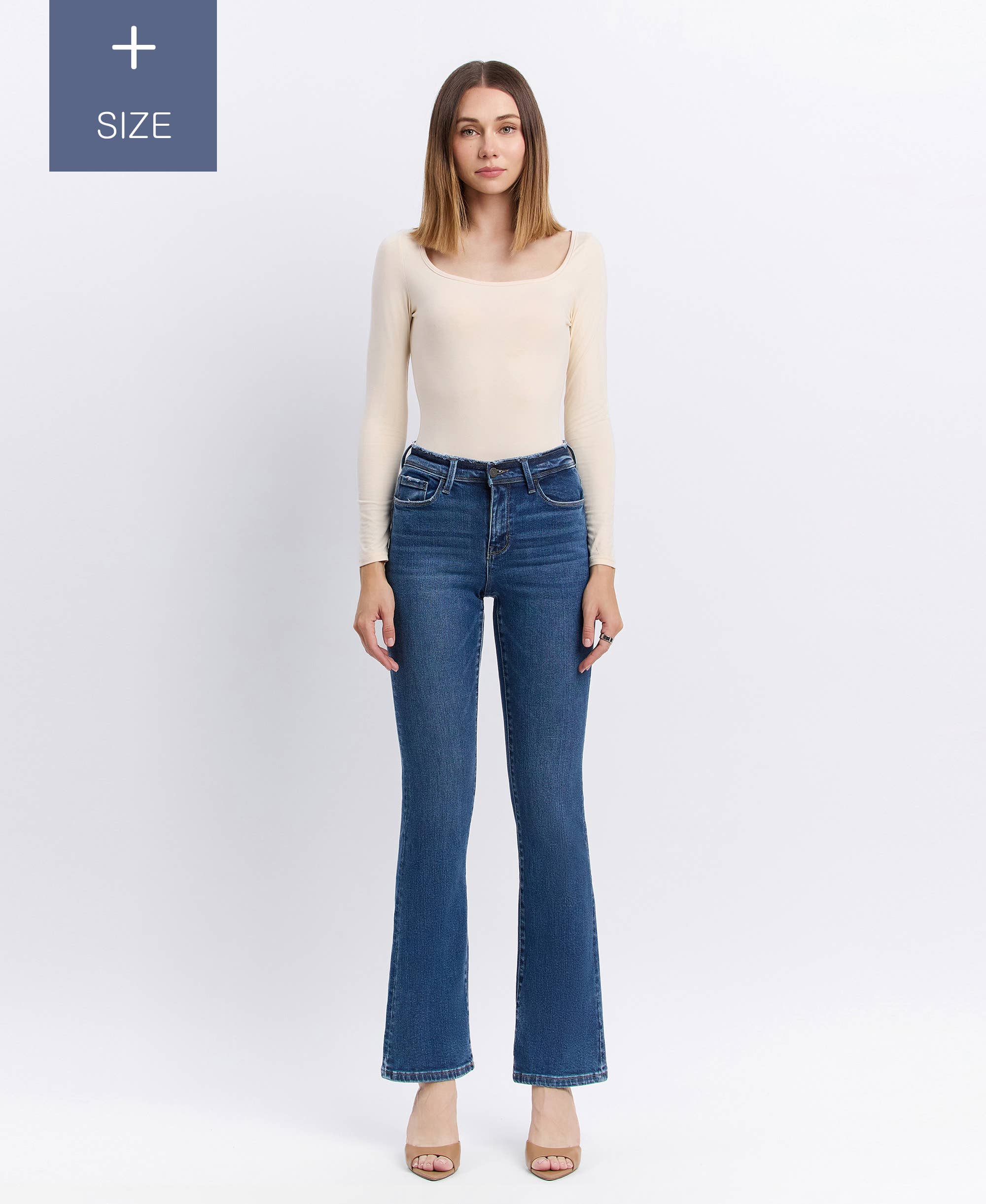 PLUS MID RISE SEAMLESS WAISTBAND BOOTCUT JEANS