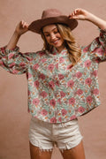 Floral Woven Printed Bubble Sleeve Blouse Top