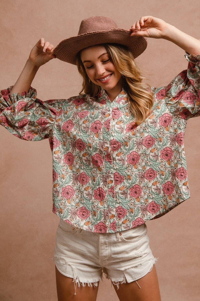 Floral Woven Printed Bubble Sleeve Blouse Top