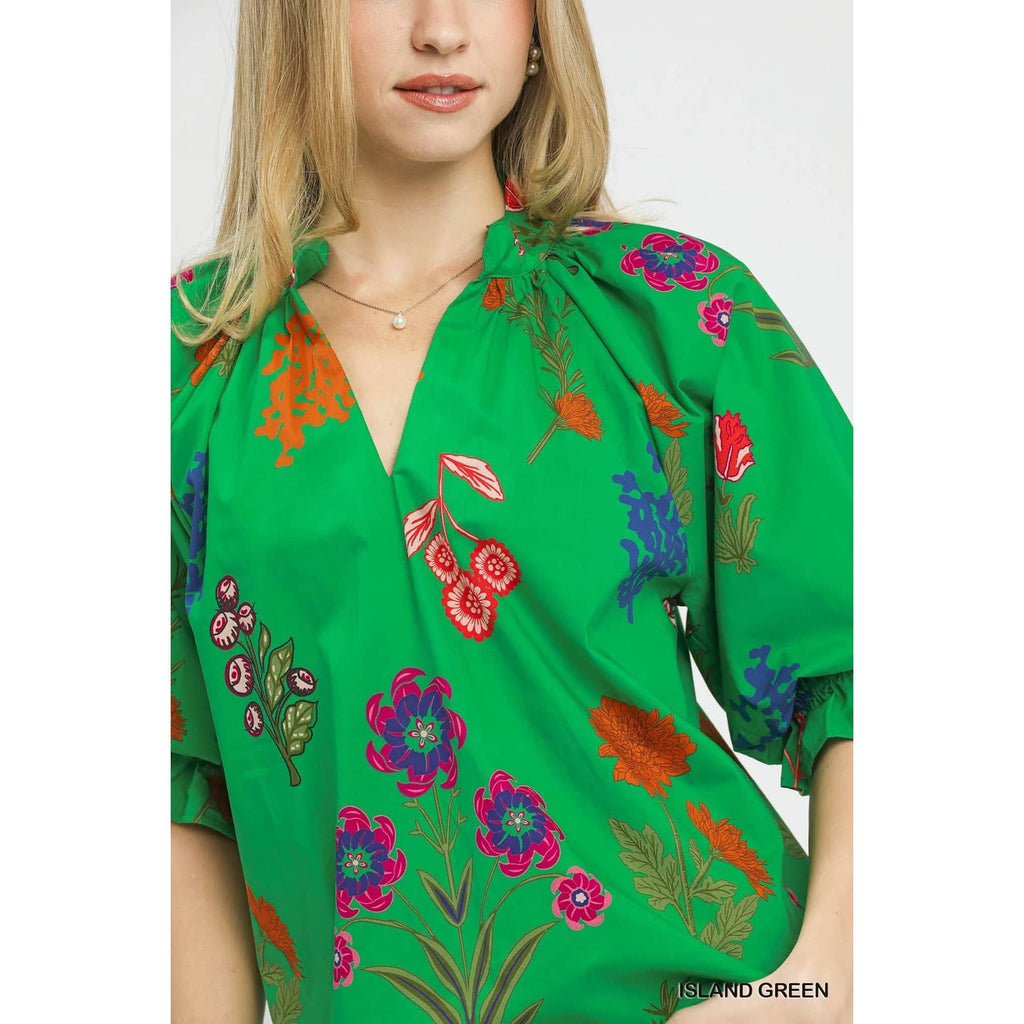 Floral Puff Half Sleeve Scallop Hem Top