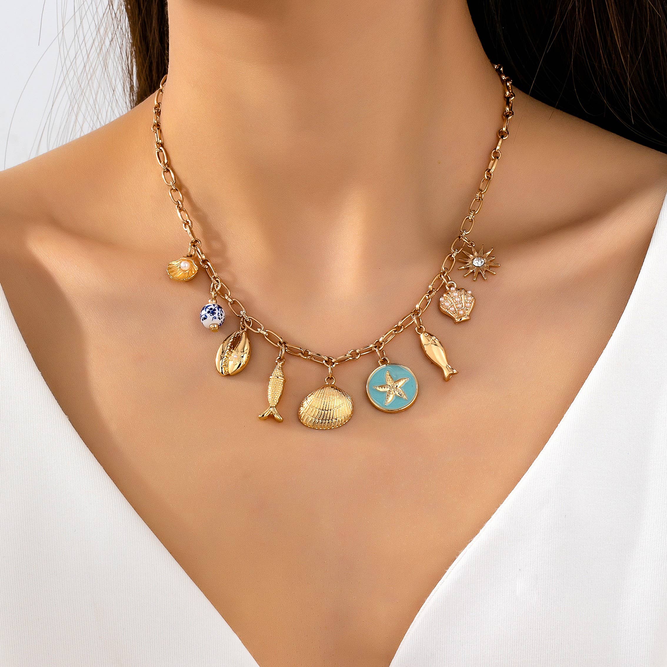 Charm Necklace-Coastal seashells fish cloisonne