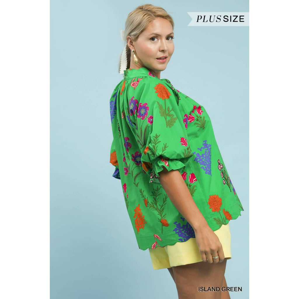 PLUS Floral Puff Half Sleeve Scallop Hem Top