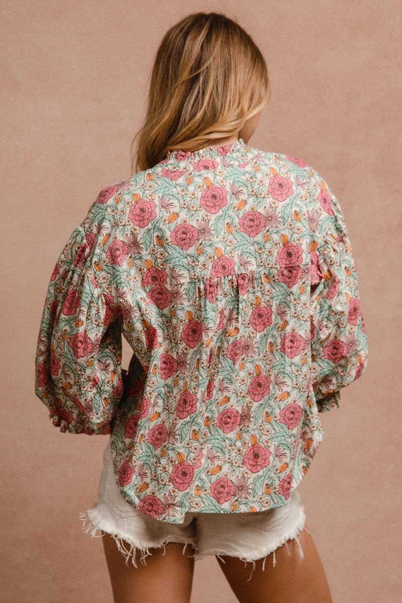 Floral Woven Printed Bubble Sleeve Blouse Top
