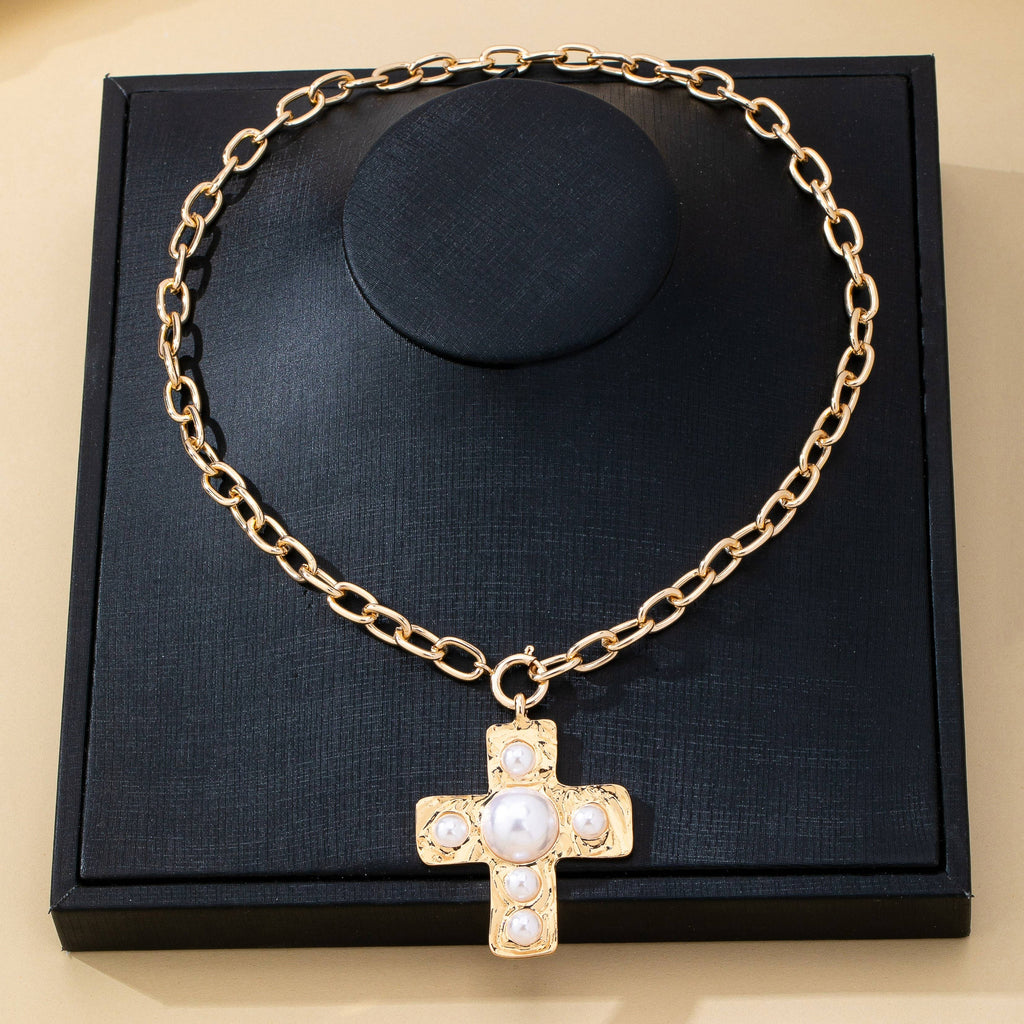 Hammered Cross Pearl Necklace