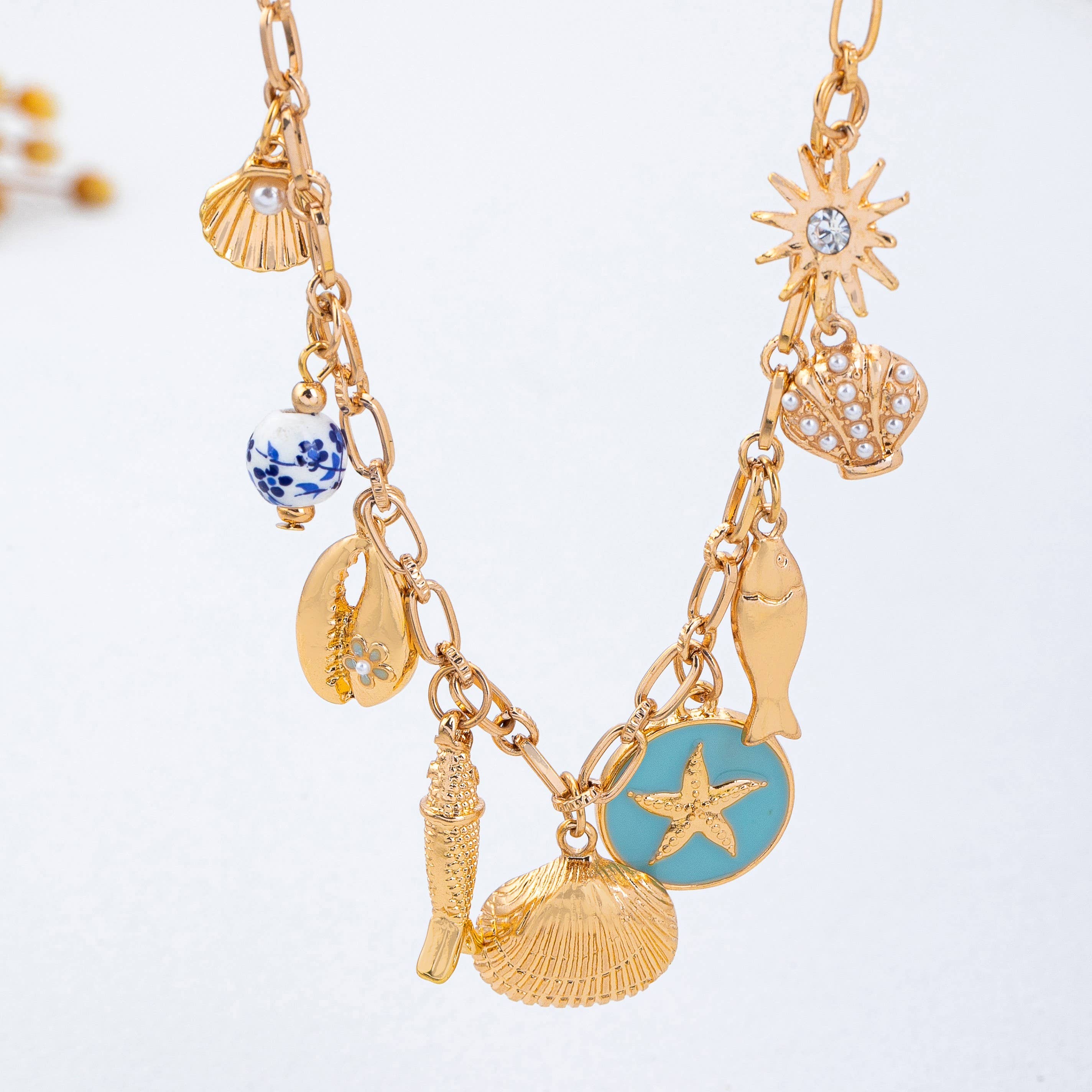 Charm Necklace-Coastal seashells fish cloisonne