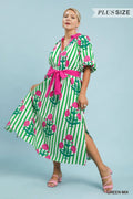 Plus Striped Floral Maxi Dress With Waist Tie