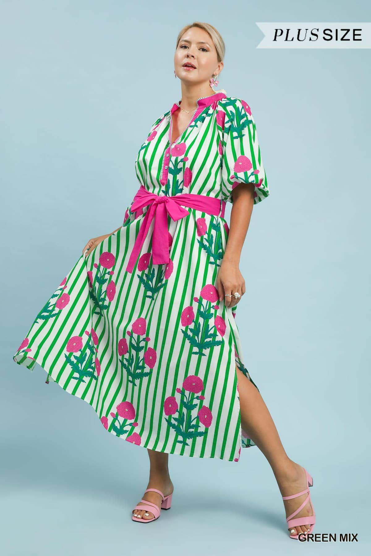 Plus Striped Floral Maxi Dress With Waist Tie