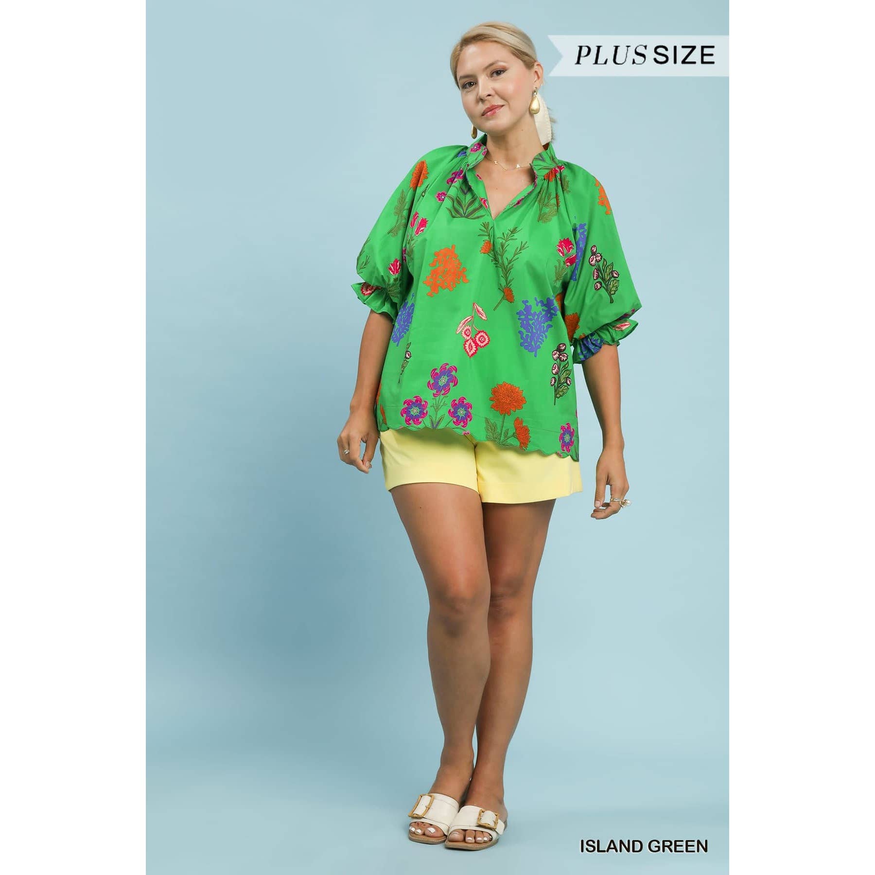 PLUS Floral Puff Half Sleeve Scallop Hem Top