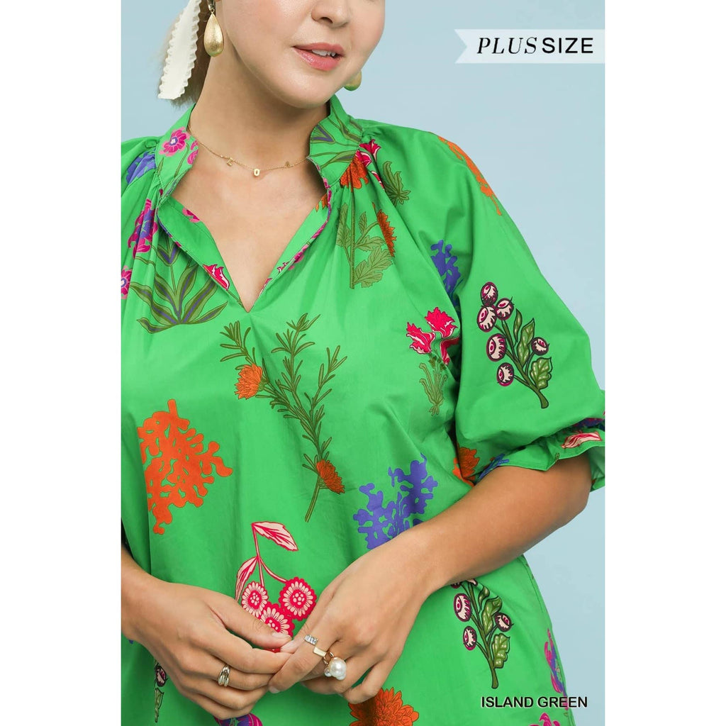 PLUS Floral Puff Half Sleeve Scallop Hem Top